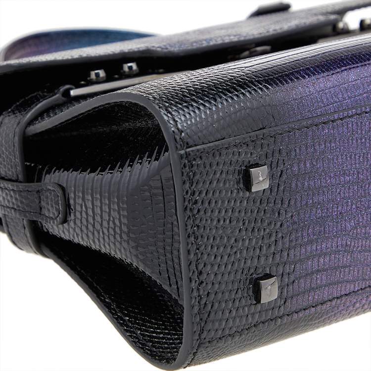 Pre Owned Delvaux Black Iridescent Lizard Tempete PM Top Handle Bag