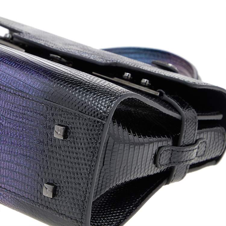 Pre Owned Delvaux Black Iridescent Lizard Tempete PM Top Handle Bag
