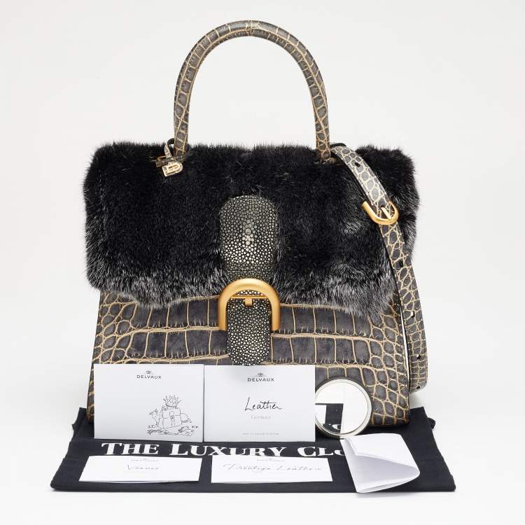 Pre Owned Delvaux Multicolor Mixed Exotic Skin and Fur Le Brillant MM Top Handle Bag