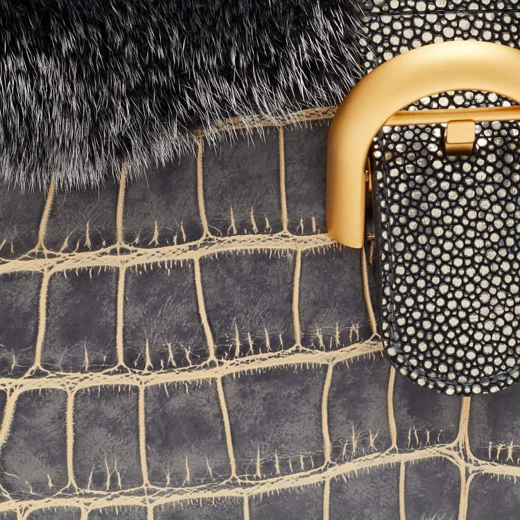 Pre Owned Delvaux Multicolor Mixed Exotic Skin and Fur Le Brillant MM Top Handle Bag