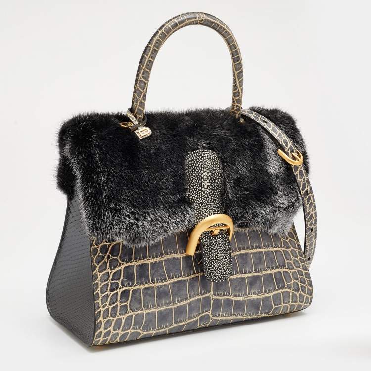 Pre Owned Delvaux Multicolor Mixed Exotic Skin and Fur Le Brillant MM Top Handle Bag