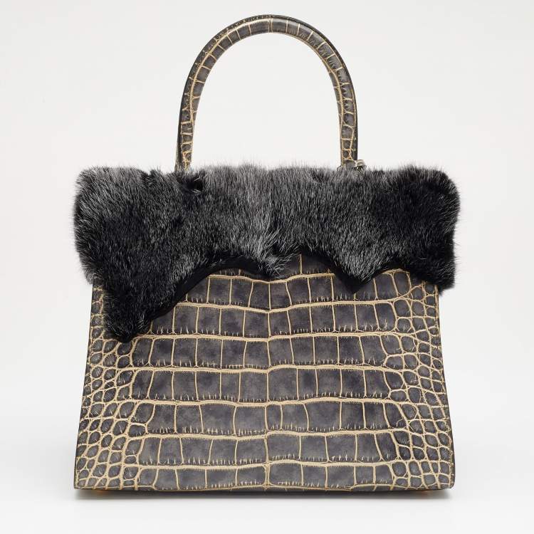 Pre Owned Delvaux Multicolor Mixed Exotic Skin and Fur Le Brillant MM Top Handle Bag