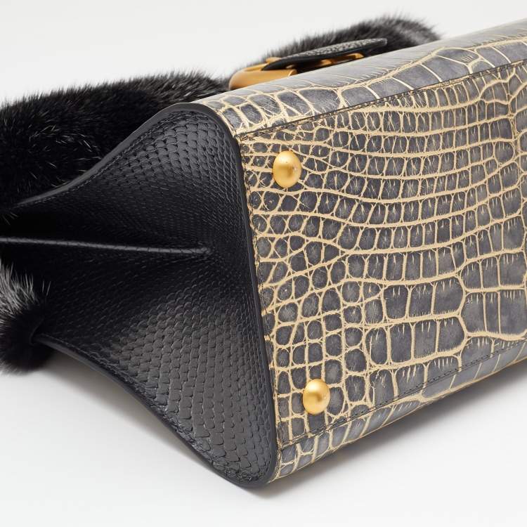 Pre Owned Delvaux Multicolor Mixed Exotic Skin and Fur Le Brillant MM Top Handle Bag