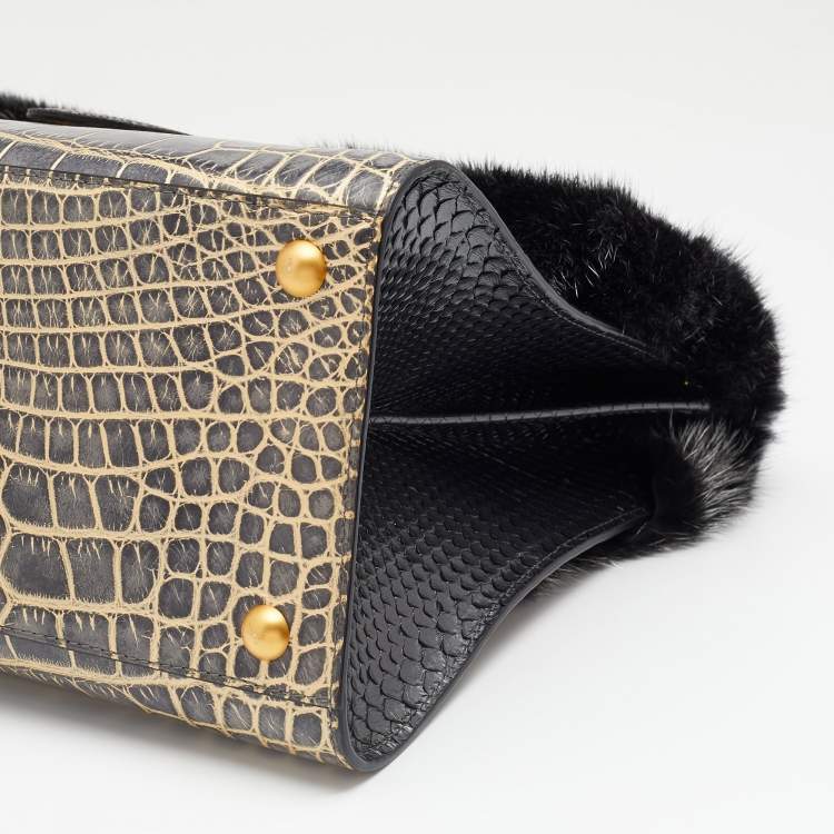 Pre Owned Delvaux Multicolor Mixed Exotic Skin and Fur Le Brillant MM Top Handle Bag