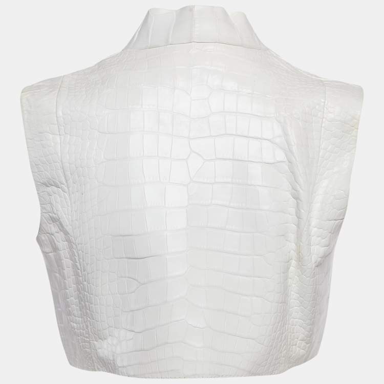 Pre Owned Dennis Basso White Leather Zip-Up Crop Vest S