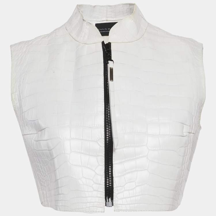 Pre Owned Dennis Basso White Leather Zip-Up Crop Vest S