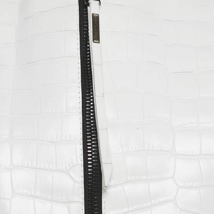 Pre Owned Dennis Basso White Leather Zip-Up Crop Vest S