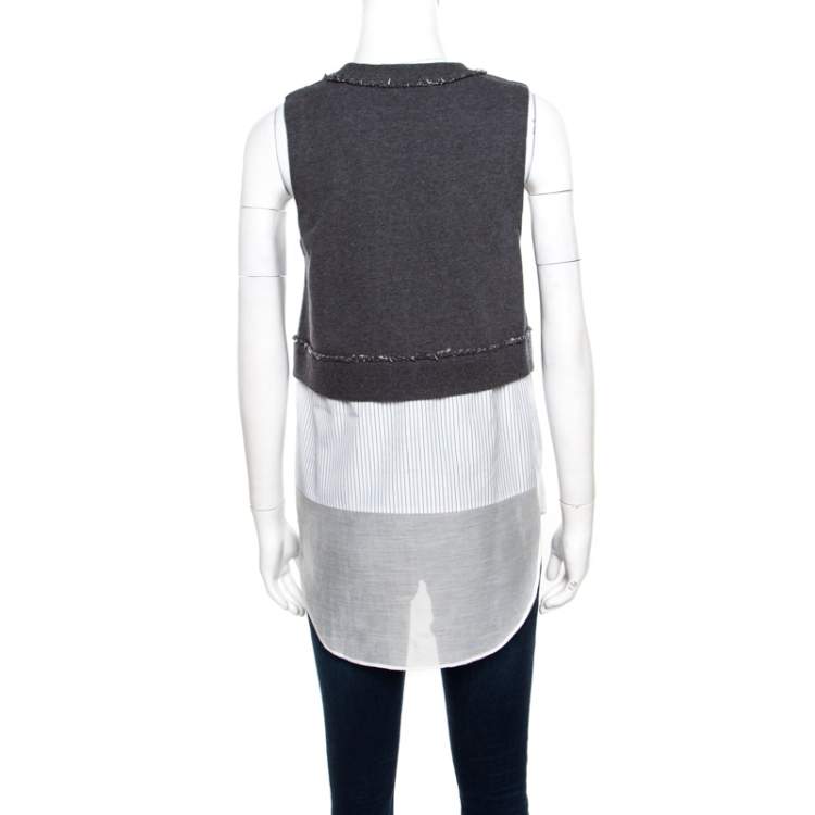 Pre Owned 10 Crosby Derek Lam Grey and White Knit Striped Layered Sleeveless Blouse S