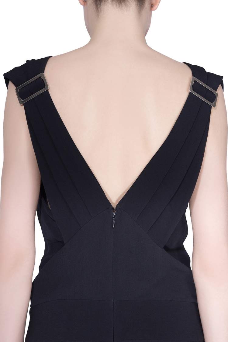 Pre Owned Derek Lam Black Crepe Plunge Neck Detail Jumpsuit S