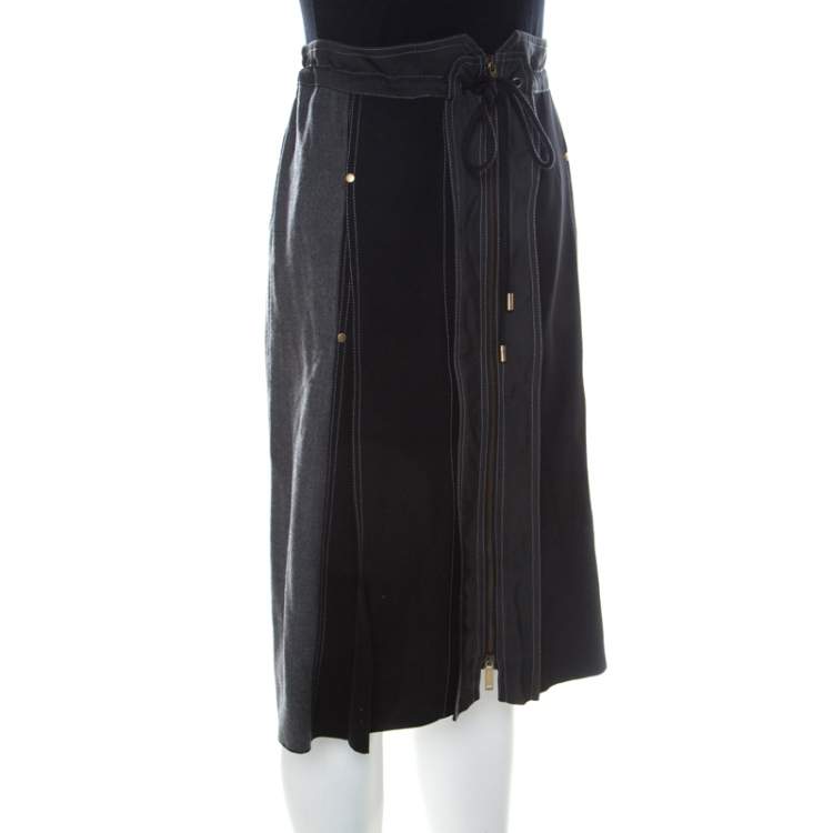 مملوكة مسبقًا Derek Lam Grey & Black Silk Blend & Wool Front Zip Paneled Skirt L