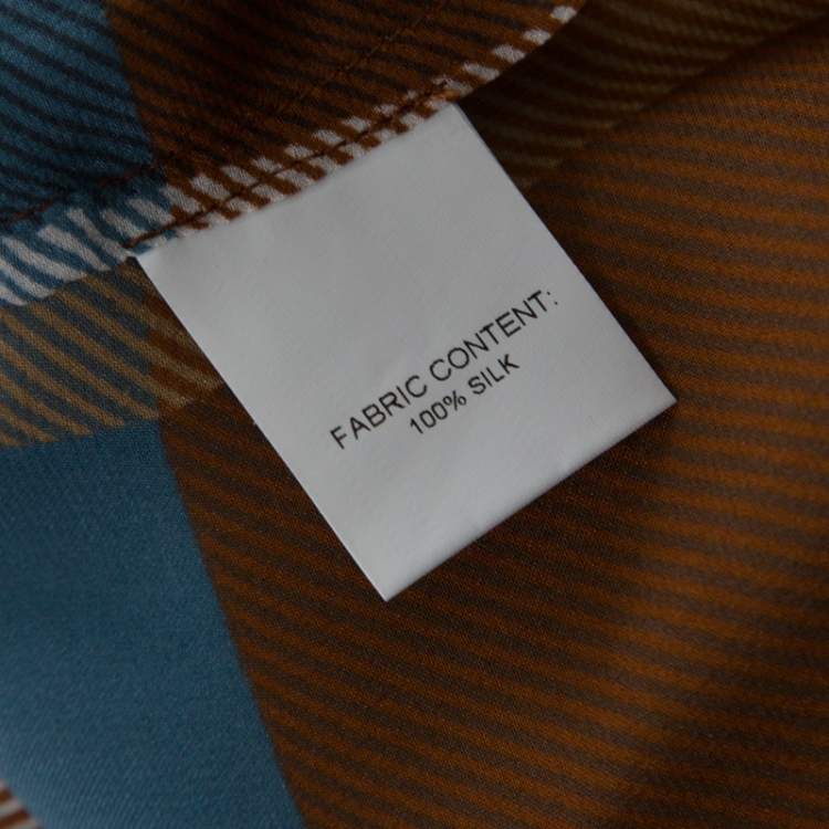 Pre Owned Derek Lam Brown & Blue Silk Check Draped Cross Over Front Blouse L