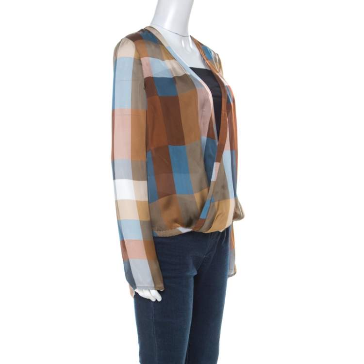 Pre Owned Derek Lam Brown & Blue Silk Check Draped Cross Over Front Blouse L