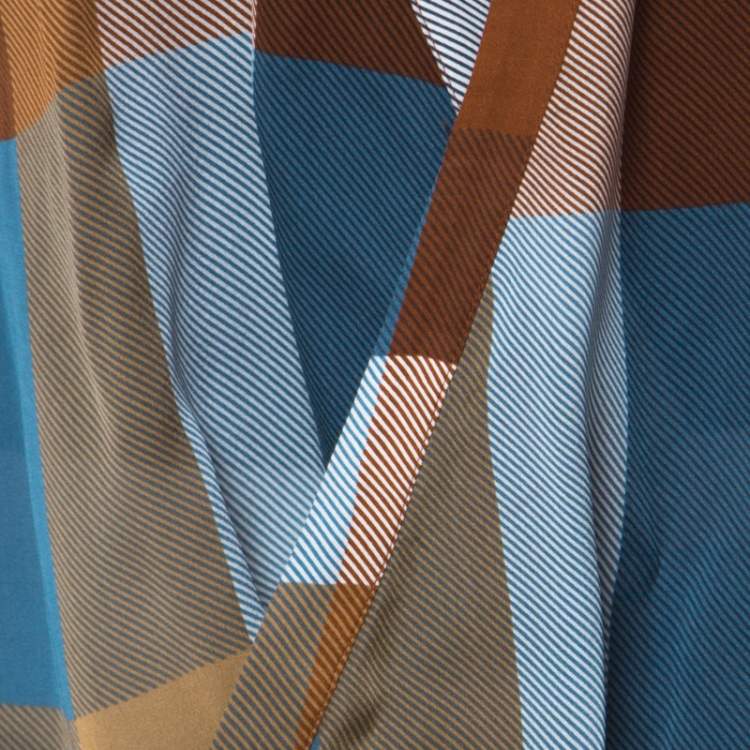 Pre Owned Derek Lam Brown & Blue Silk Check Draped Cross Over Front Blouse L