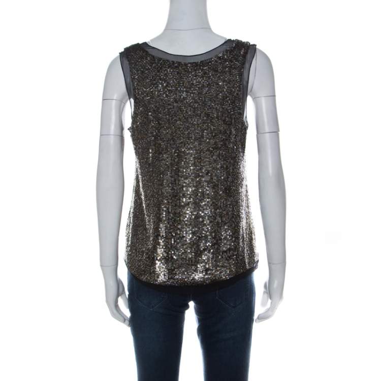 Pre Owned Derek Lam Metallic Sequin Embellished Silk Sleeveless Top M 