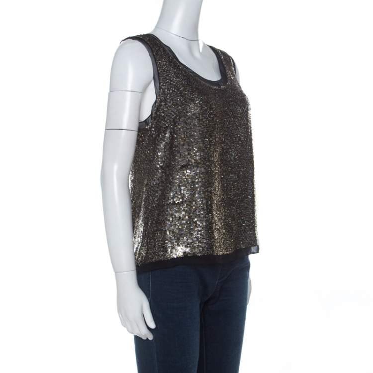 Pre Owned Derek Lam Metallic Sequin Embellished Silk Sleeveless Top M 