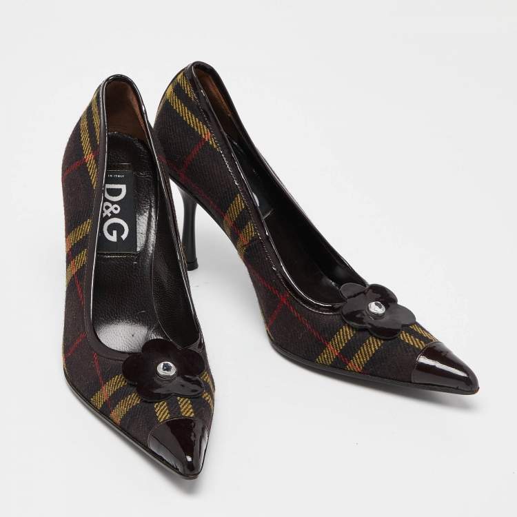 Pre Owned D&G Brown Plaid Wool and Patent Leather Pointed Toe Pumps Size 37.5