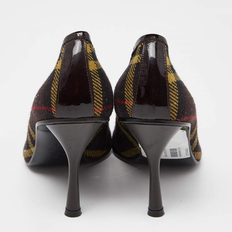 Pre Owned D&G Brown Plaid Wool and Patent Leather Pointed Toe Pumps Size 37.5