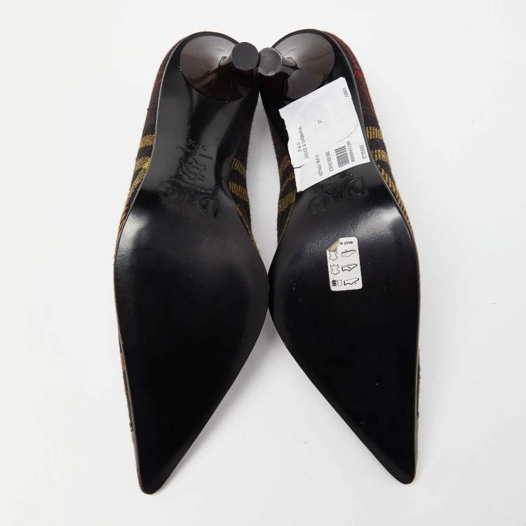 Pre Owned D&G Brown Plaid Wool and Patent Leather Pointed Toe Pumps Size 37.5