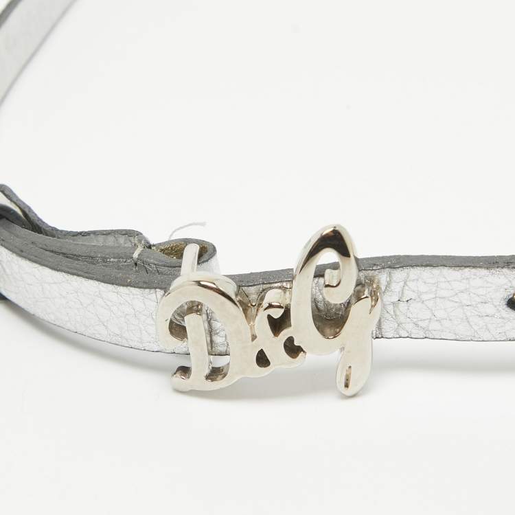 Pre Owned D&G Silver Leather DG Logo Slim Buckle Belt 95CM