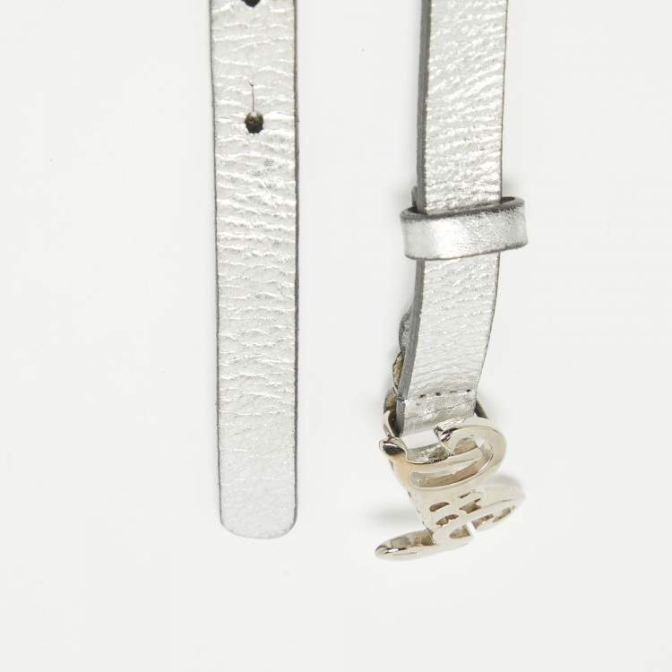 Pre Owned D&G Silver Leather DG Logo Slim Buckle Belt 95CM