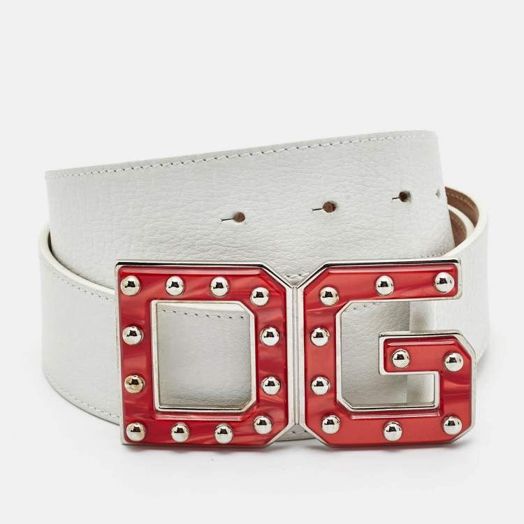 Pre Owned Dolce & Gabbana White Leather DG Studded Buckle Belt 90CM