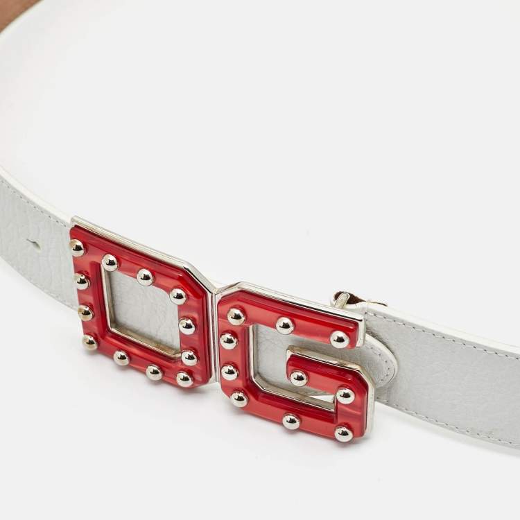 Pre Owned Dolce & Gabbana White Leather DG Studded Buckle Belt 90CM