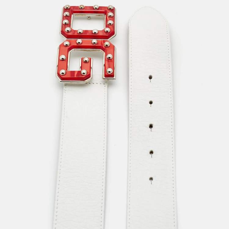 Pre Owned Dolce & Gabbana White Leather DG Studded Buckle Belt 90CM