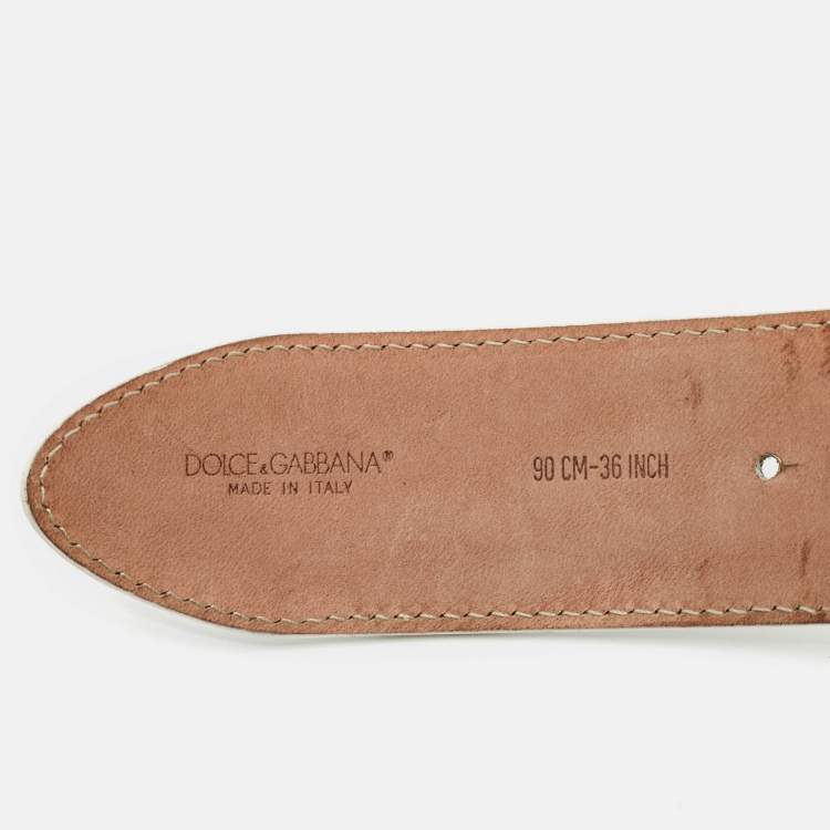 Pre Owned Dolce & Gabbana White Leather DG Studded Buckle Belt 90CM
