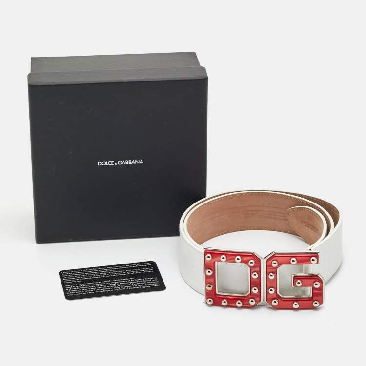 Pre Owned Dolce & Gabbana White Leather DG Studded Buckle Belt 90CM