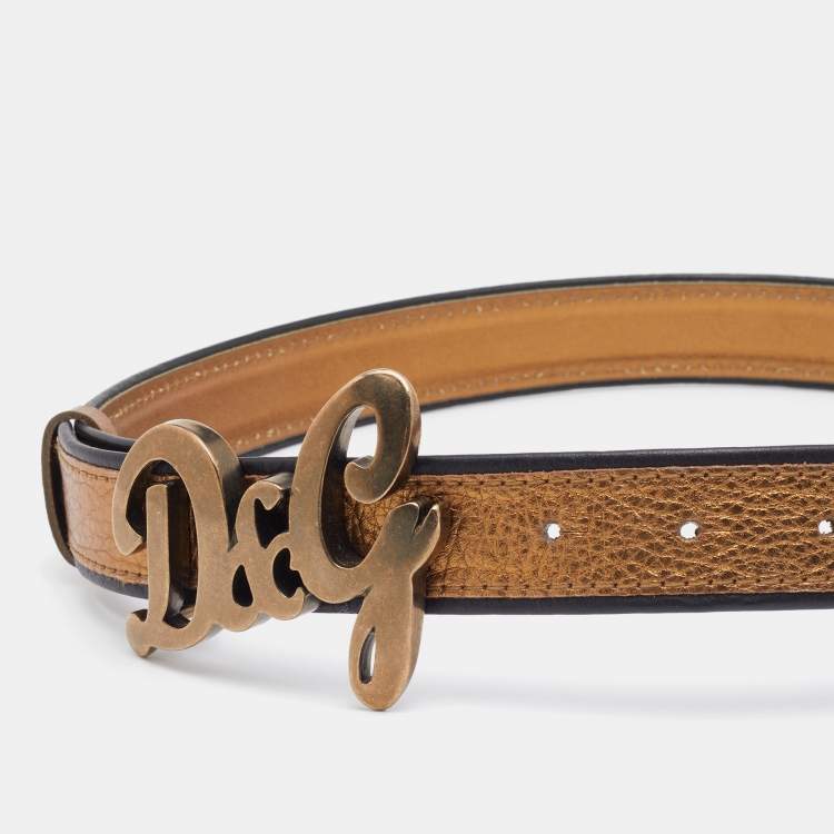Pre Owned D&G Metallic Gold/Black Leather Logo Buckle Belt 90 CM