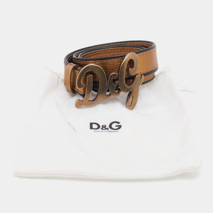 Pre Owned D&G Metallic Gold/Black Leather Logo Buckle Belt 90 CM