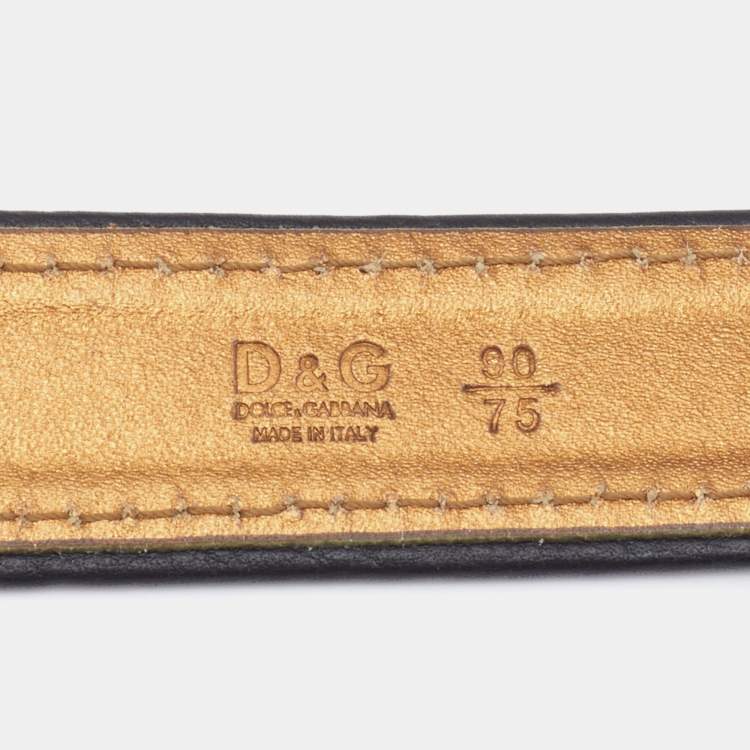 Pre Owned D&G Metallic Gold/Black Leather Logo Buckle Belt 90 CM