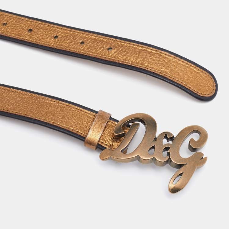 Pre Owned D&G Metallic Gold/Black Leather Logo Buckle Belt 90 CM