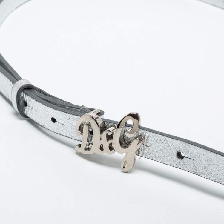 Pre Owned D&G Silver Leather DG Logo Slim Belt 105CM