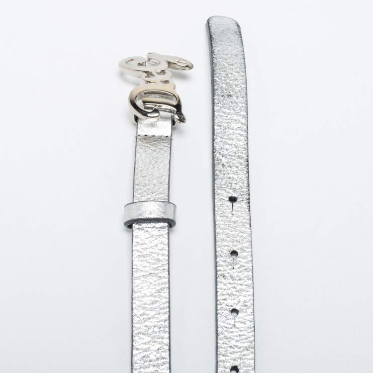 Pre Owned D&G Silver Leather DG Logo Slim Belt 105CM