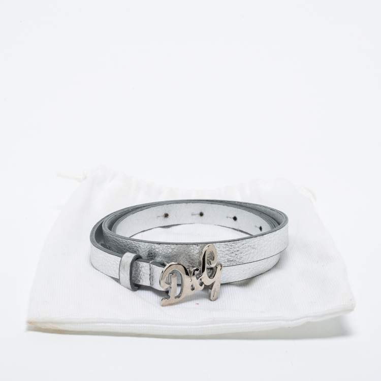 Pre Owned D&G Silver Leather DG Logo Slim Belt 105CM