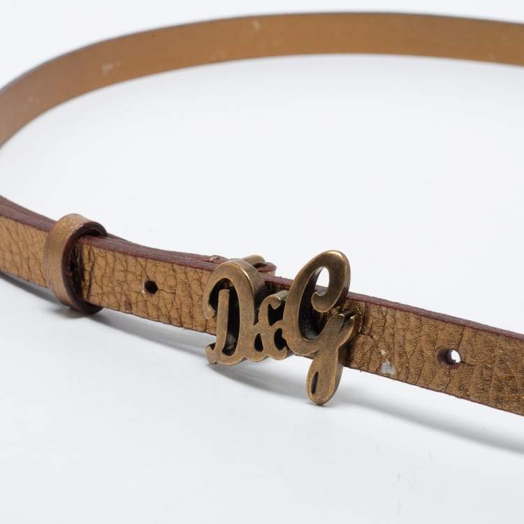 Pre Owned D&G Gold Leather DG Logo Slim Belt 105CM