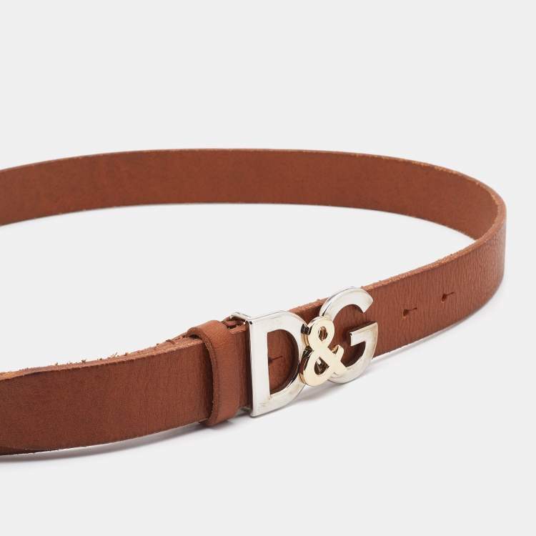 Pre Owned D&G Brown Leather Logo Buckle Belt 95CM