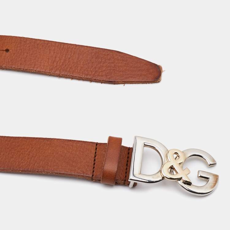 Pre Owned D&G Brown Leather Logo Buckle Belt 95CM