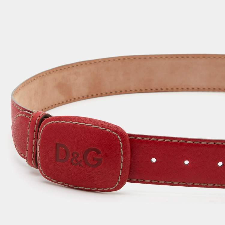 Pre Owned D&G Red Leather Logo Buckle Belt 90 CM