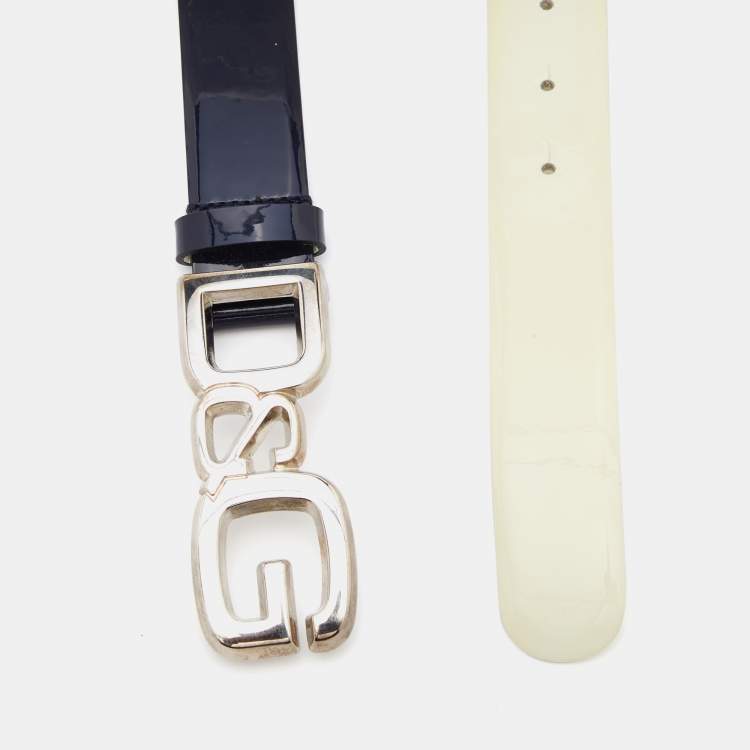Pre Owned D&G Navy Blue/White Patent Leather Logo Buckle Belt 100 CM