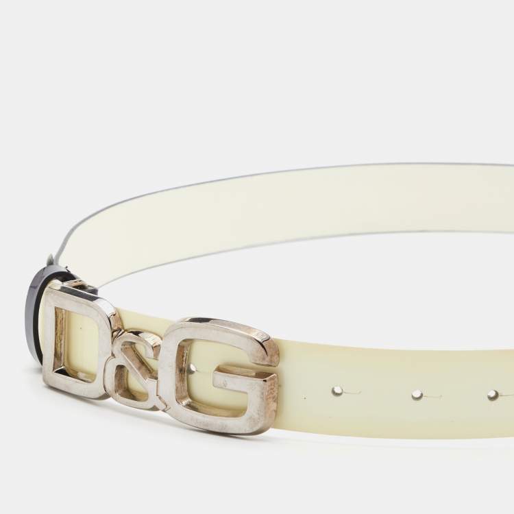 Pre Owned D&G Navy Blue/White Patent Leather Logo Buckle Belt 100 CM