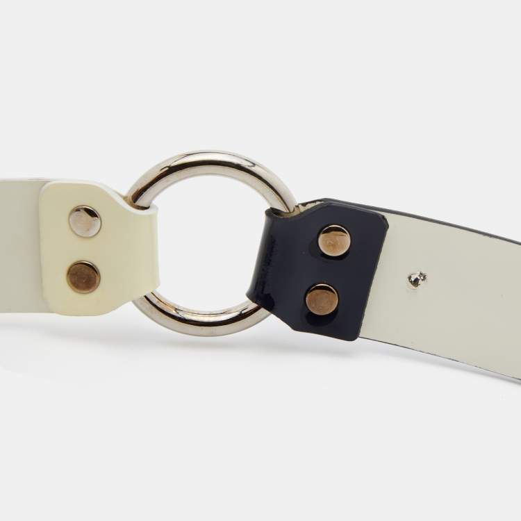 Pre Owned D&G Navy Blue/White Patent Leather Logo Buckle Belt 100 CM