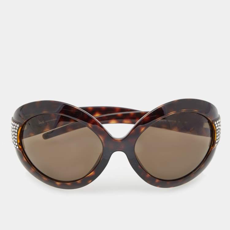 Pre Owned D&G Brown Tortoise 8042B Crystal Embellished Oval Sunglasses 