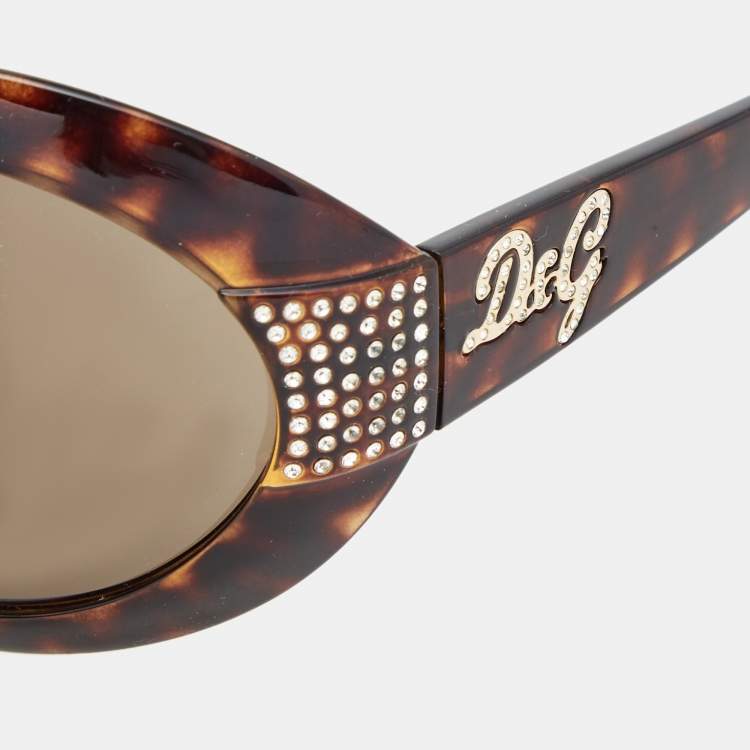 Pre Owned D&G Brown Tortoise 8042B Crystal Embellished Oval Sunglasses 