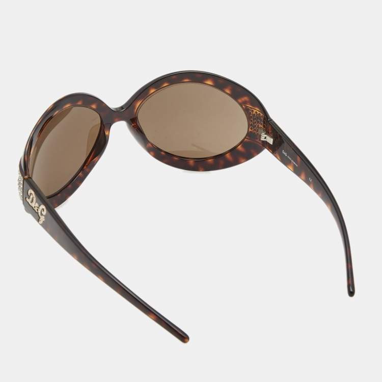 Pre Owned D&G Brown Tortoise 8042B Crystal Embellished Oval Sunglasses 