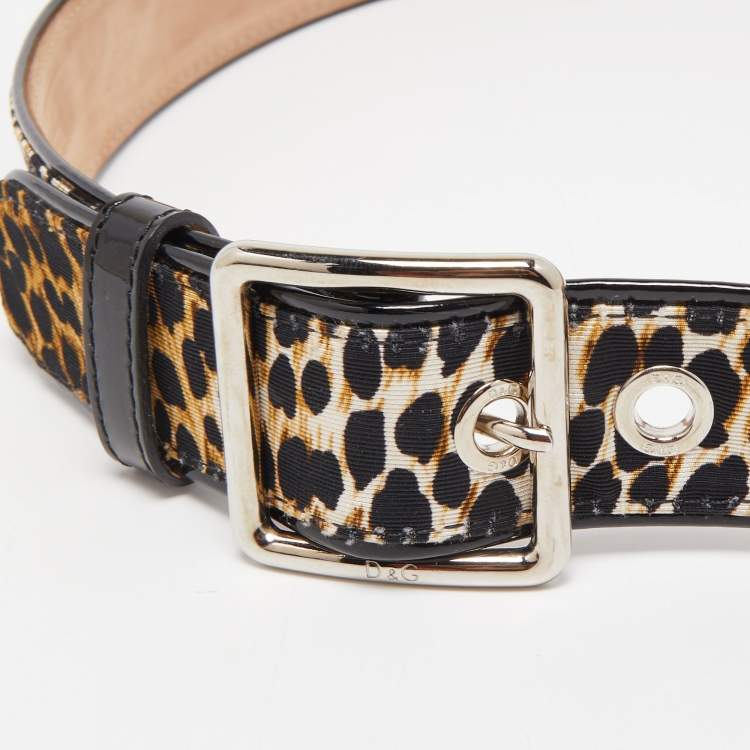 Pre Owned D&G Black/Brown Leopard Print Fabric and Patent Leather Buckle Belt 85CM