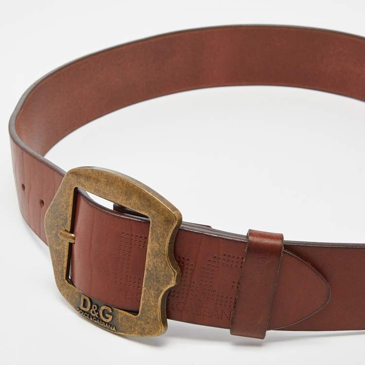 Pre Owned D&G Dark Brown Leather Logo Buckle Wide Belt 90CM