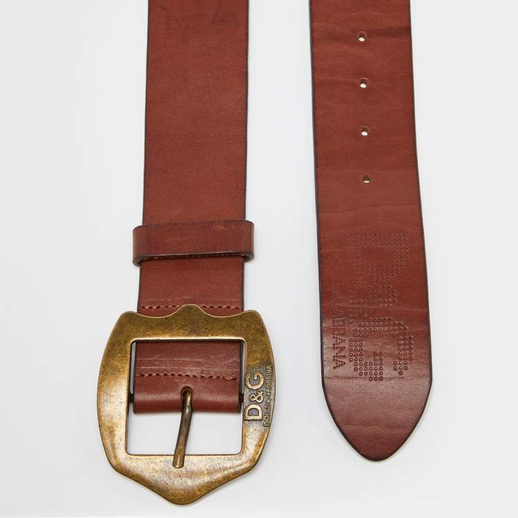 Pre Owned D&G Dark Brown Leather Logo Buckle Wide Belt 90CM