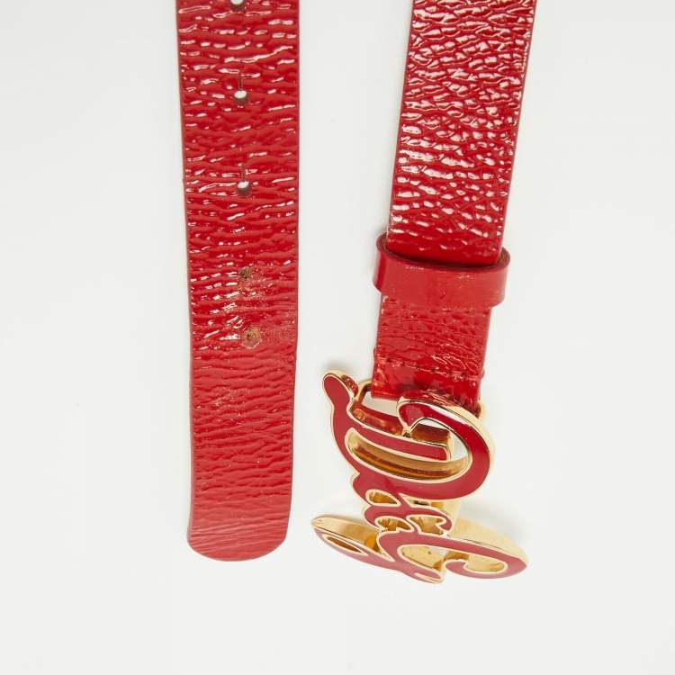 Pre Owned D&G Red Patent Leather Logo Buckle Belt 80 CM
